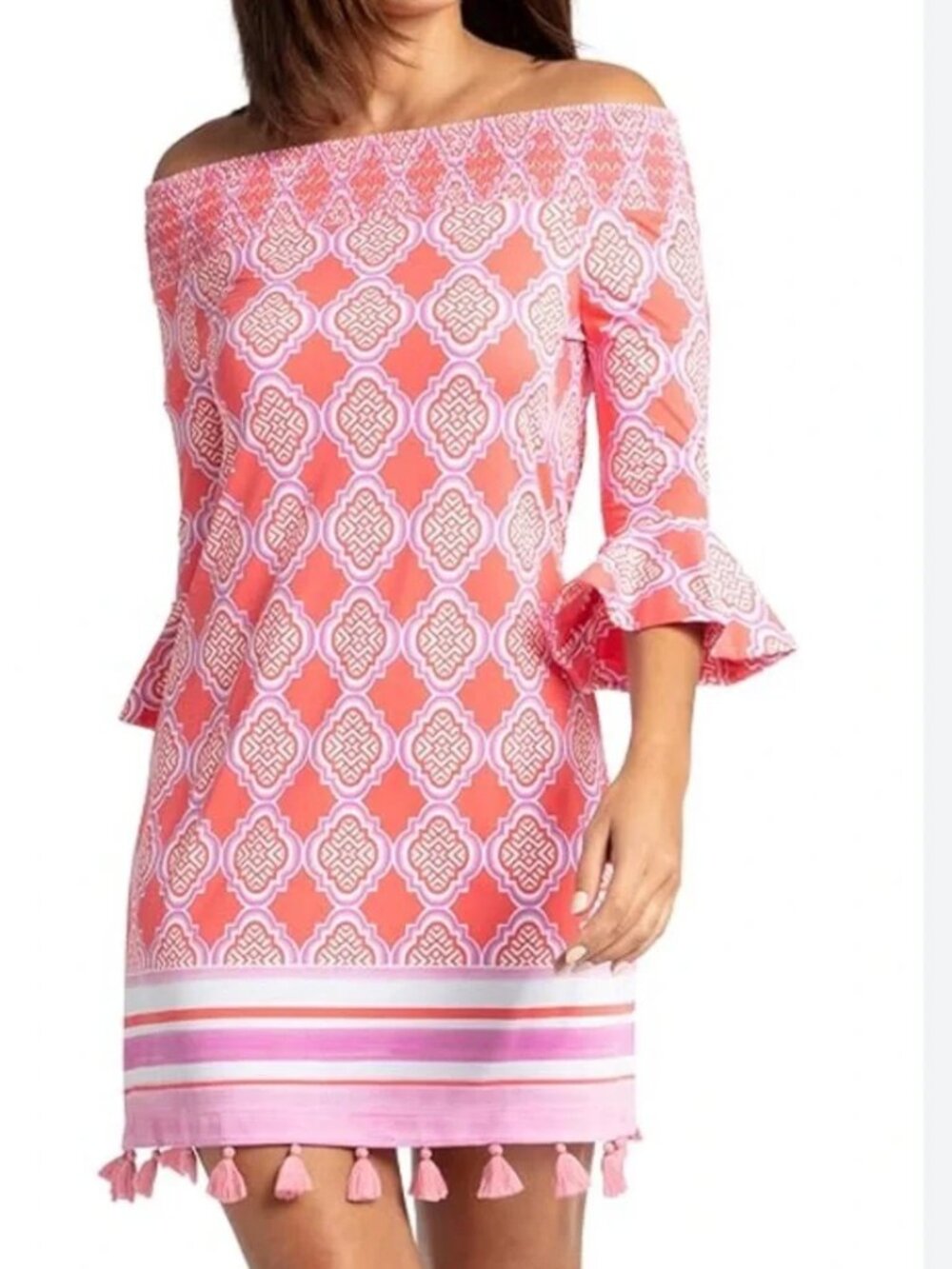 NWT Cabana Coral Geo Covertue Smocked Dress